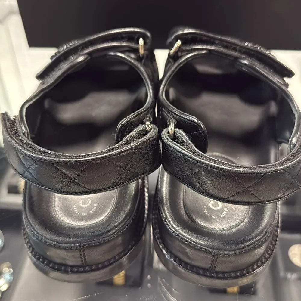 Authentic! BLACK Chanel Quilted Leather Dad Sandals box & dust covers SIZE 38C